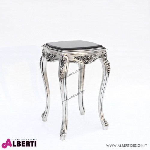 Tavolino barocco quadrato argento con top in marmo nero 44x44x74 cm