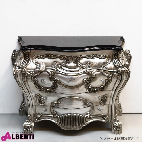 Comò barocco Lions foglia argento con 4 cassetti 124x56x90 cm