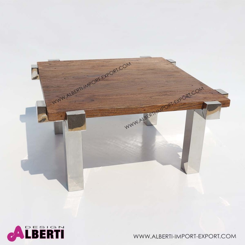 Tavolo basso da salotto inox e top legno 90x90x50 Tavolino salotto vetro e legno