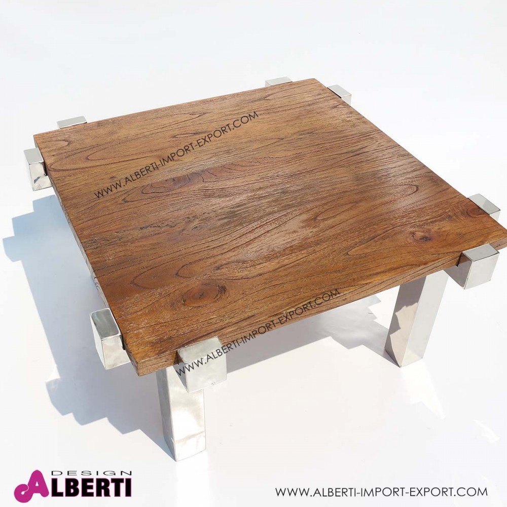Tavolo basso da salotto inox e top legno 90x90x50
