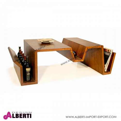 Tavolino tè dalla forma irregolare in legno di acacia con porta bottiglie e riviste 140X80