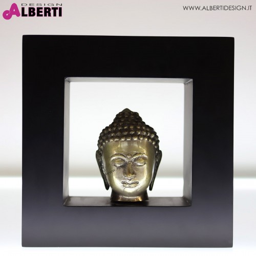 Testa di Buddha in metallo con cornice in legno 25x8x25