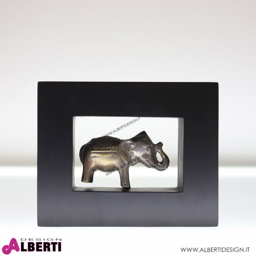 Elefante in metallo con cornice in legno nero 4x20x16
