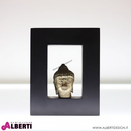 Testa di Buddha in metallo con cornice in legno nero16x4x20 cm