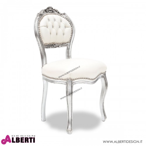 Sedia barocco argento/bianco ecopelle con strass 47x50x90 cm