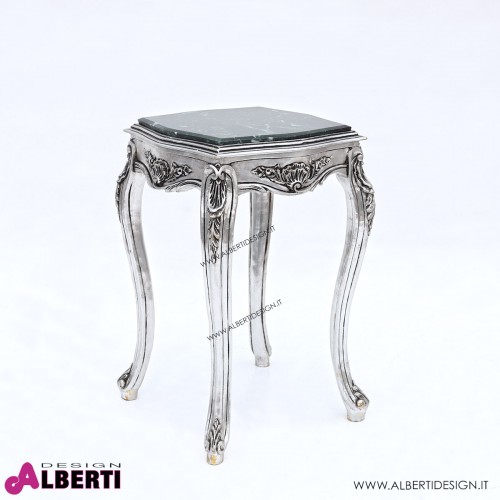 Tavolino barocco quadrato argento con top in marmo verde 44x44x74 cm