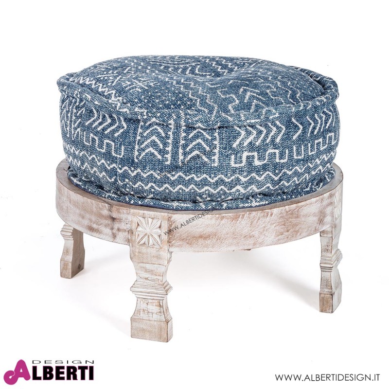 Pouf Latika Indigo con base in legno D62H42