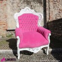 Poltrona barocco Marsiglia bianca con tessuto rosa con bottoni cristalli 83x83x115