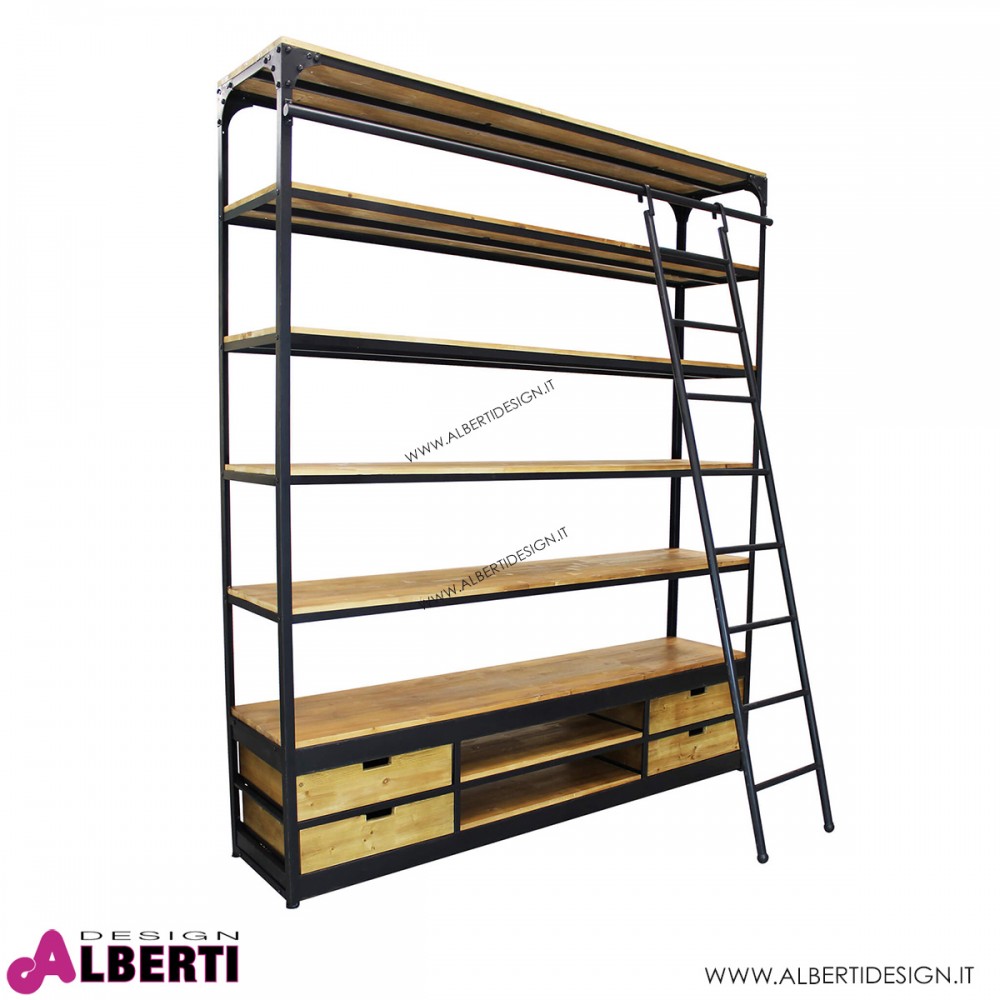 Libreria con scala stile industrial - cassetti e ripiani legno