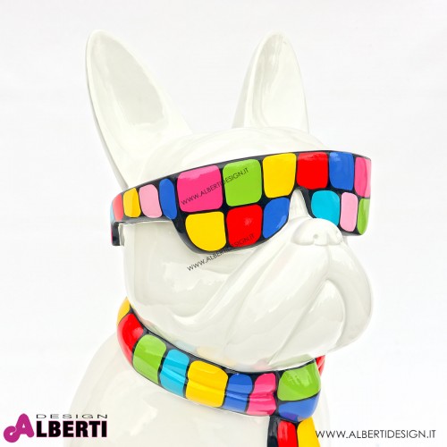 Cane bianco con cravatta e occhiali in vetro resina 120 cm