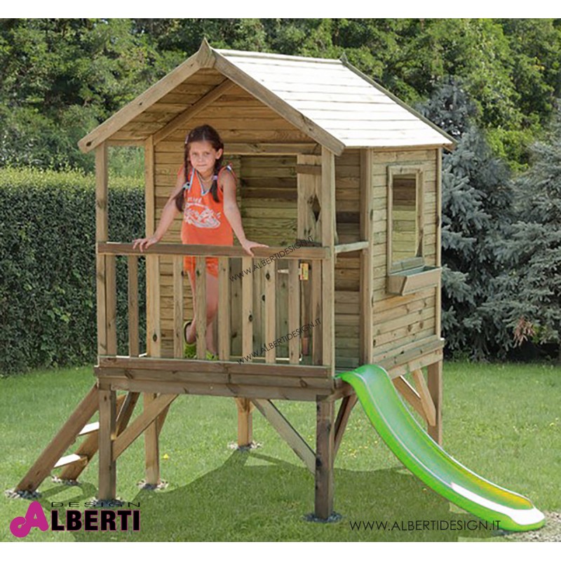 Casetta rialzata in legno TOLA con scivolo verde lime 180x260xH220