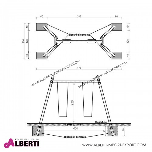 Altalena a due posti in acciaio, omologata per parchi pubblici. 401x172x250