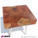 Tavolino basso in legno massiccio e vetro fuso con gambe in acciaio inox 45x45xh42