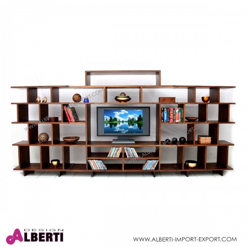 961 TAAK16MDB_a Libreria in legno di acacia con porta TV al centro WATCH-ME  L 380 cm