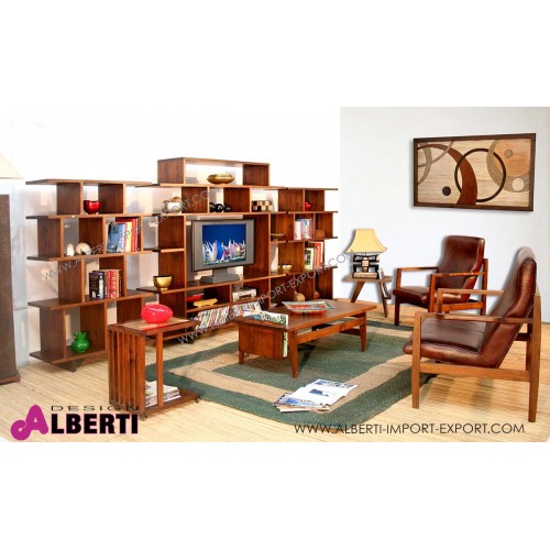 961 TAAK16MDB_b Libreria in legno di acacia con porta TV al centro WATCH-ME  L 380 cm
