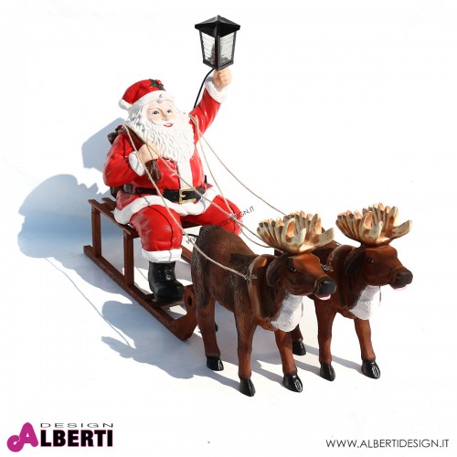 Babbo Natale in vetroresina con slitta 2 renne e lanterna luminosa