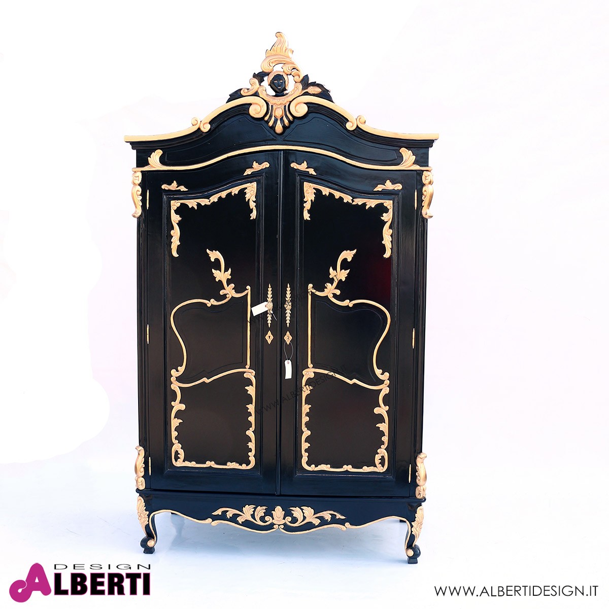 Armadio Delphine 2 ante nero decorazioni oro 140x65x234 cm barocco americano