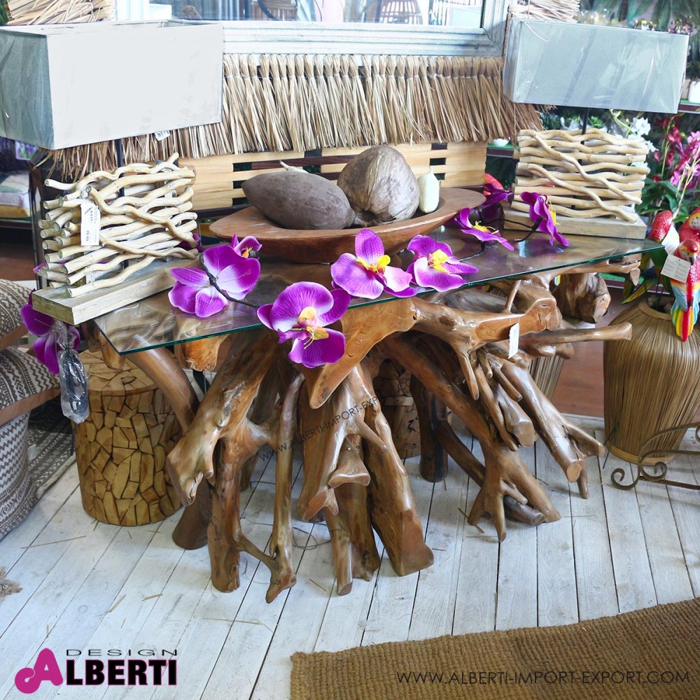 Tavolo in legno di radice di design, con piano in vetro, Ø 60 cm, in vero  legno di teak, realizzato in legno di radice di vetro massiccio, legno di