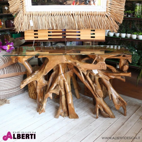 Console in radice di teak Primitive con pianale in vetro 134x42x80