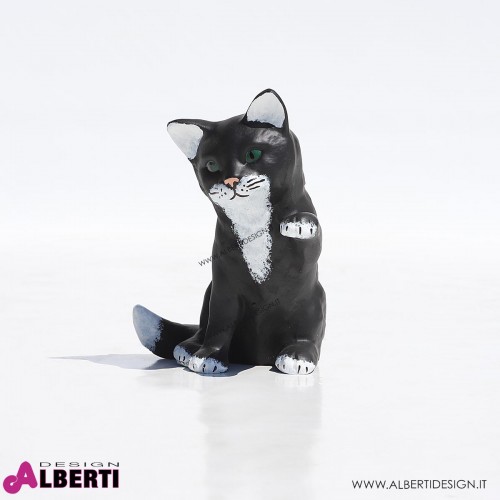 Gatto seduto nero/bianco in vetroresina 10x15x15