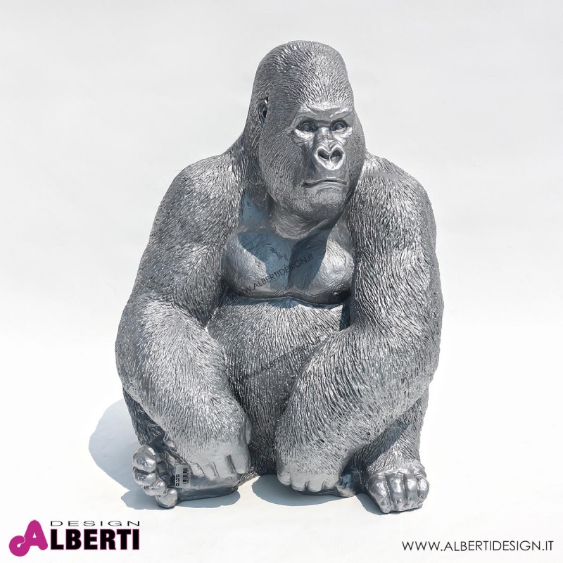 963 PLA618S_a Gorilla argento in vetroresina H 75cm