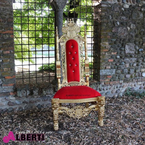 Trono barocco con leoni lavorato oro con tessuto rosso e bottoni simil swarosky 86x80x185