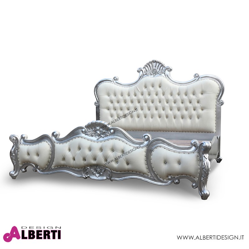 962 BA2141_a Letto Barocco con foglia argento ed ecopelle bianca