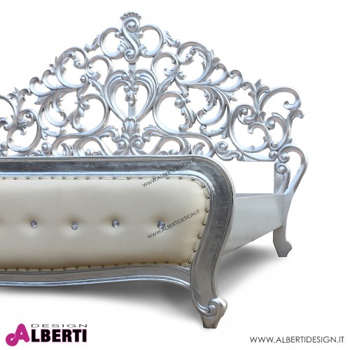 962 BA2142_b Letto barocco matrimoniale argento ed ecopelle crema