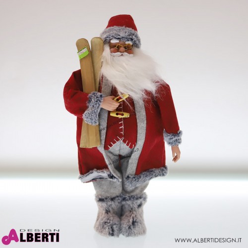Babbo Natale rosso/grigio in plastica e tessuto con sci H 57cm