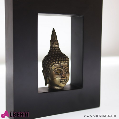 Testa Buddha in metallo con cornice in legno nero 16x4x20 cm