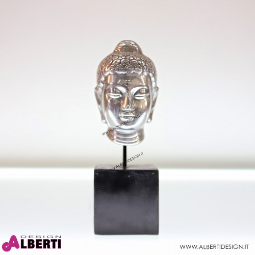 Testa Buddha in alluminio con base in legno 8x8x25 cm