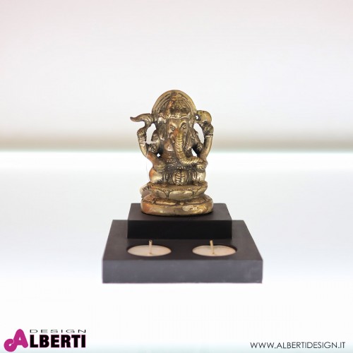 Ganesha in rame su base nera in legno con due candele 15x13xH16 cm